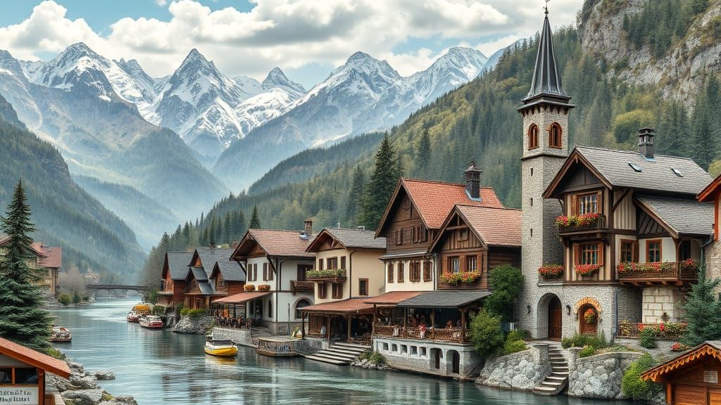 Austrian Village in the Alps, Maori Art Style