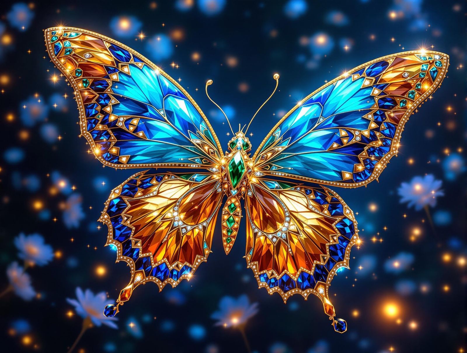 Jeweled Butterfly in Electric Blue Night, Splash Art