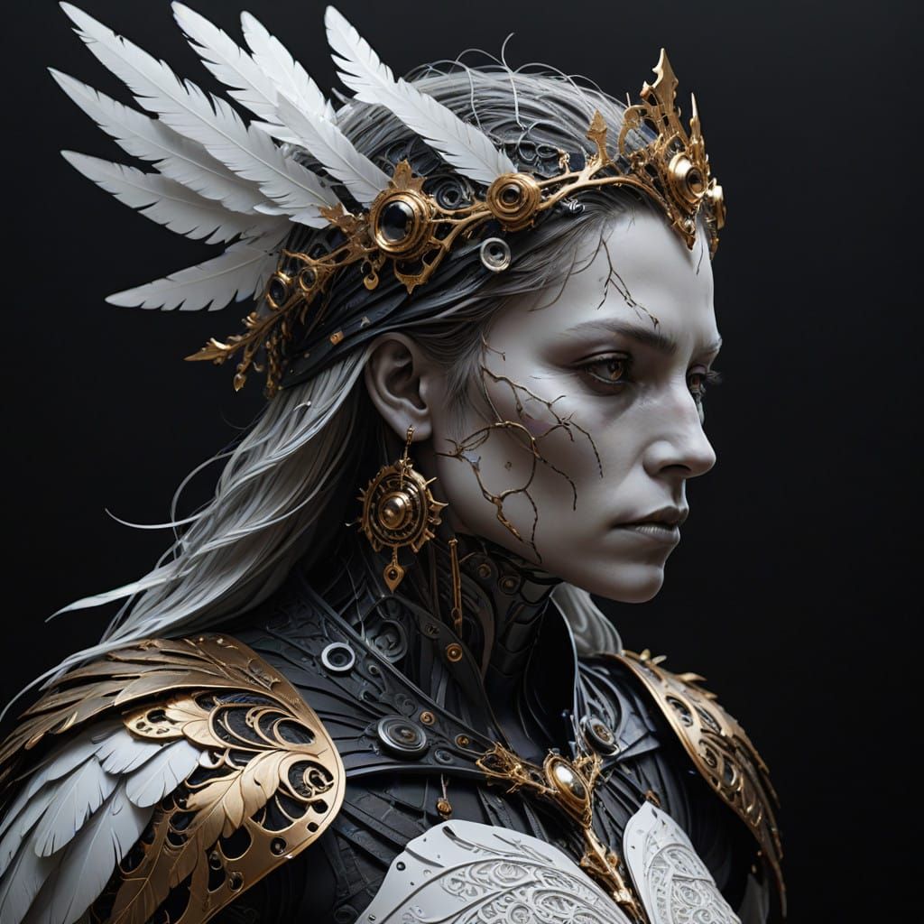 Cyborg Raven in Golden Crown Perched on Ancient Oak