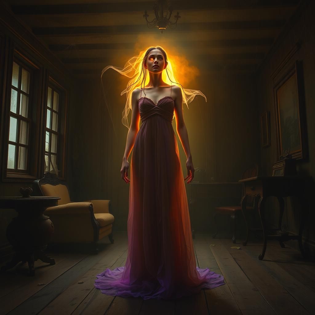 Ethereal Ghost in Haunted House with Bioluminescence