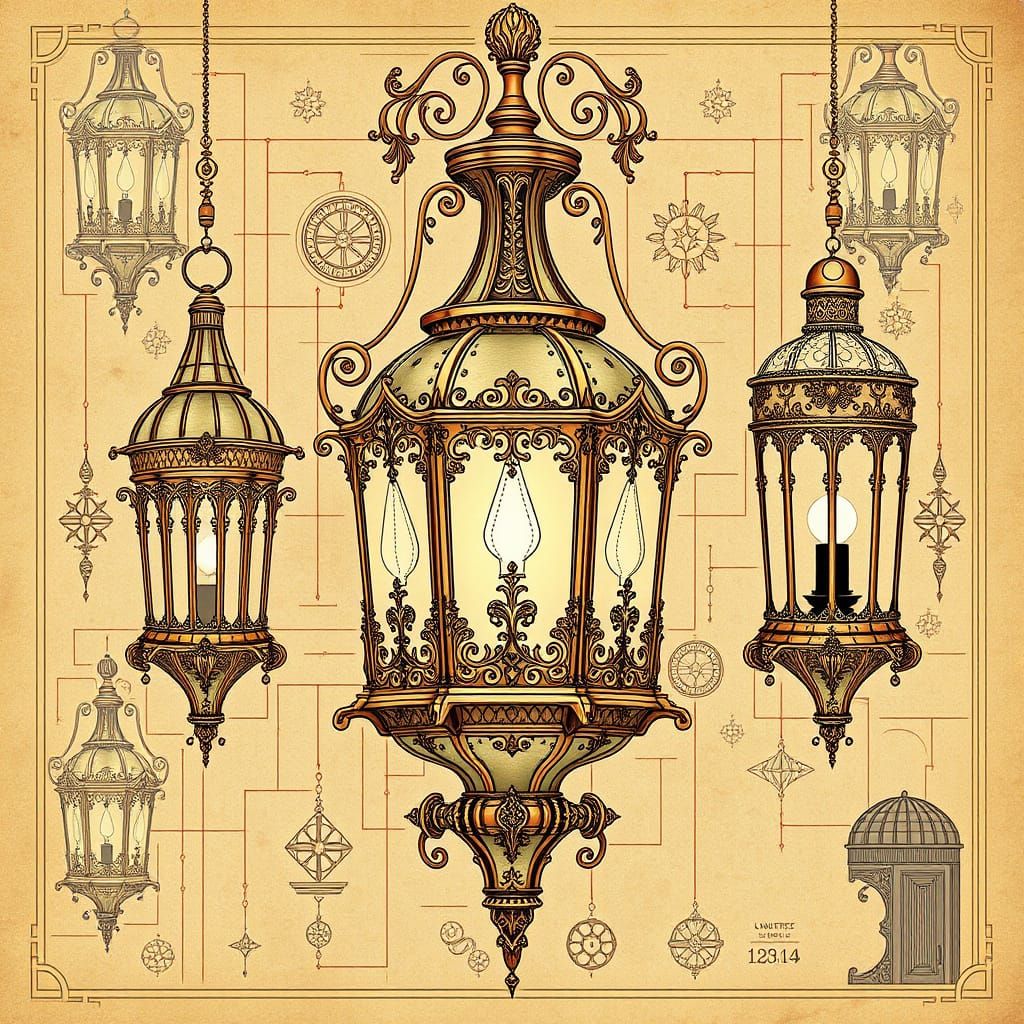 Intricate Lantern Schematics in Futuristic Style