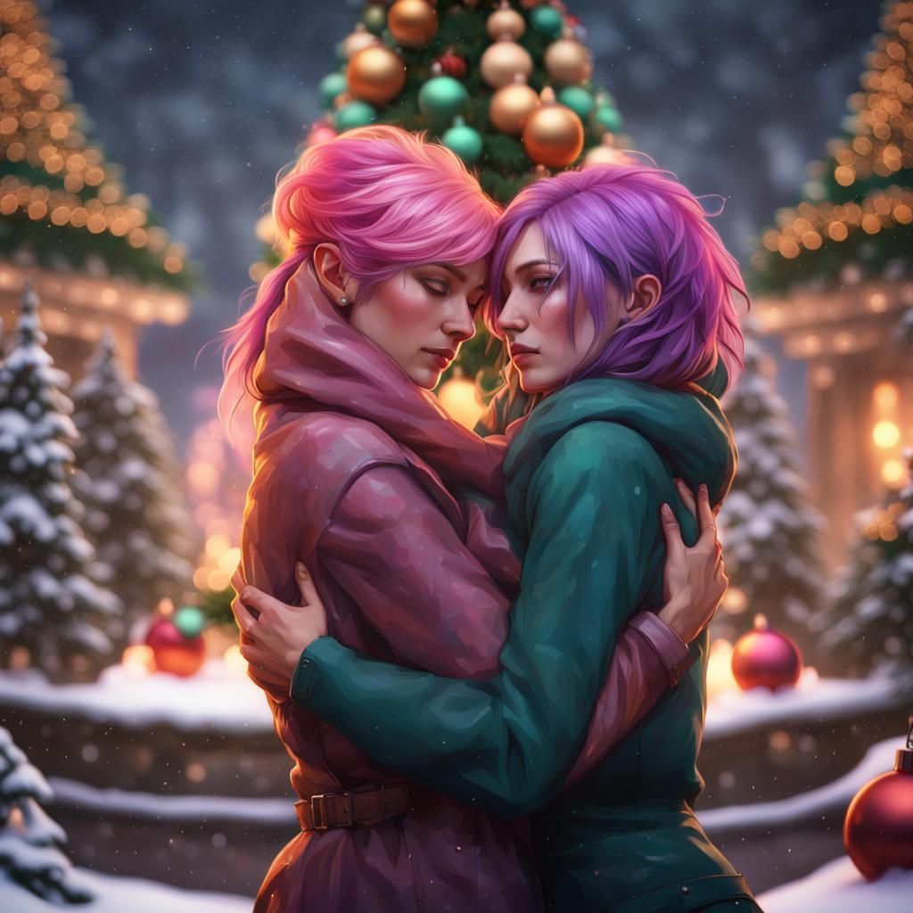 Pink and Black Haired Women Hug by Christmas Tree