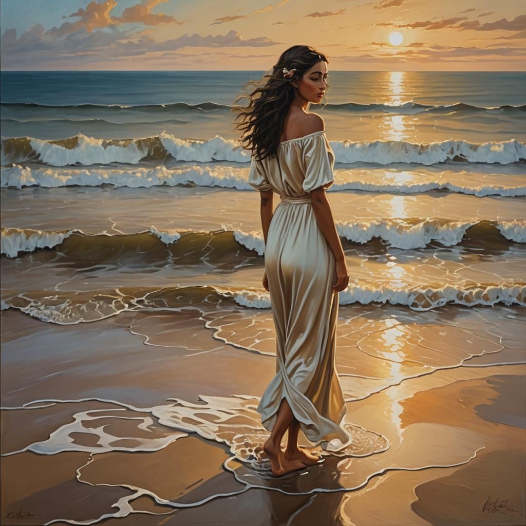 Romantic Realism: Woman on a Beach at Sunset