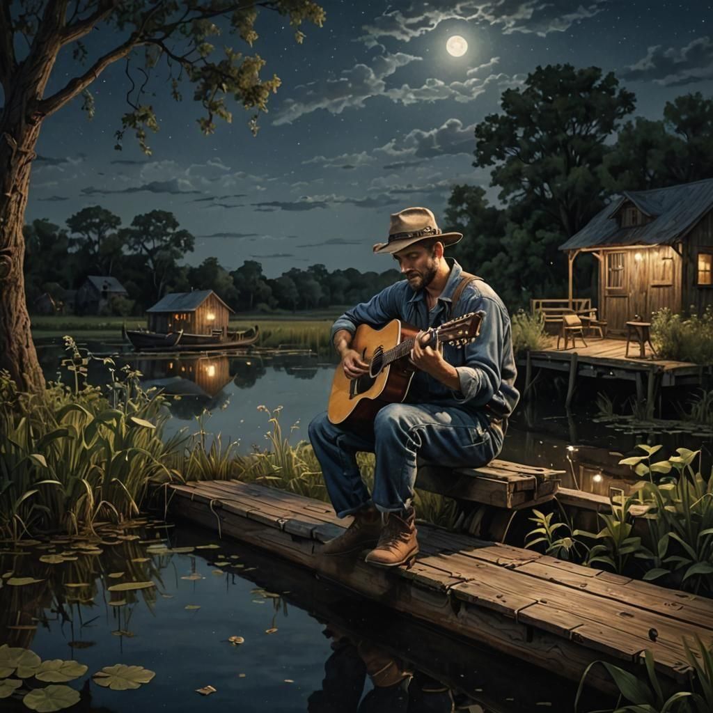 Hyperrealistic Country Scene with Guitar Player