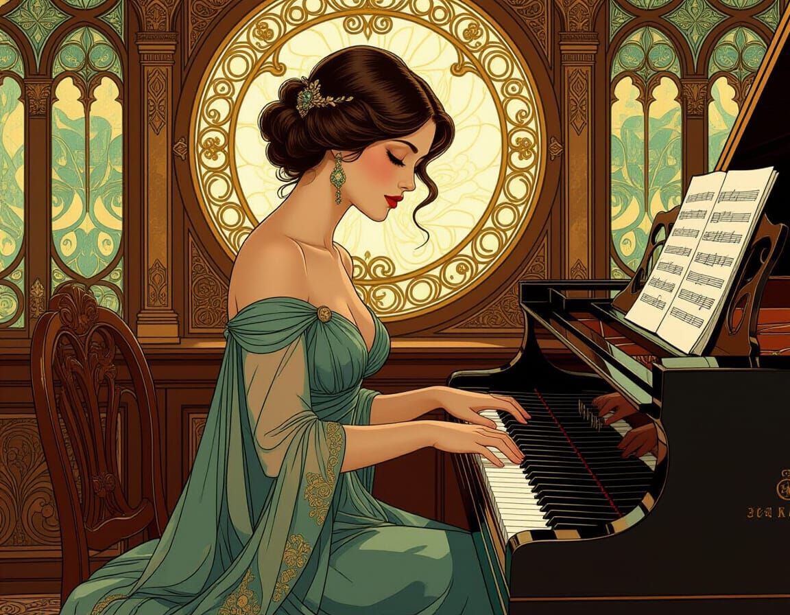 Elegant Woman Plays Keyboard in Art Nouveau Style
