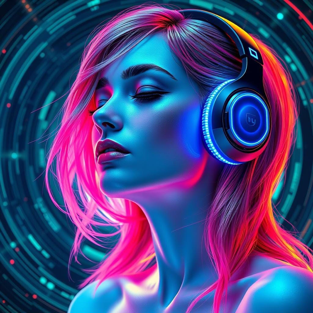 Woman with Neon Hair Listening to Music