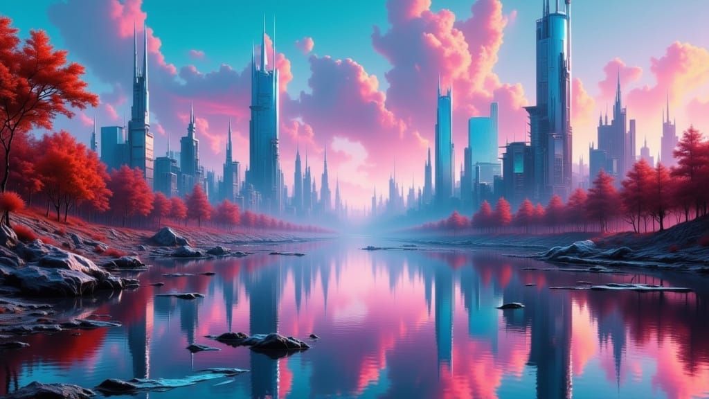Cyberpunk City Reflected in Ethereal Lake