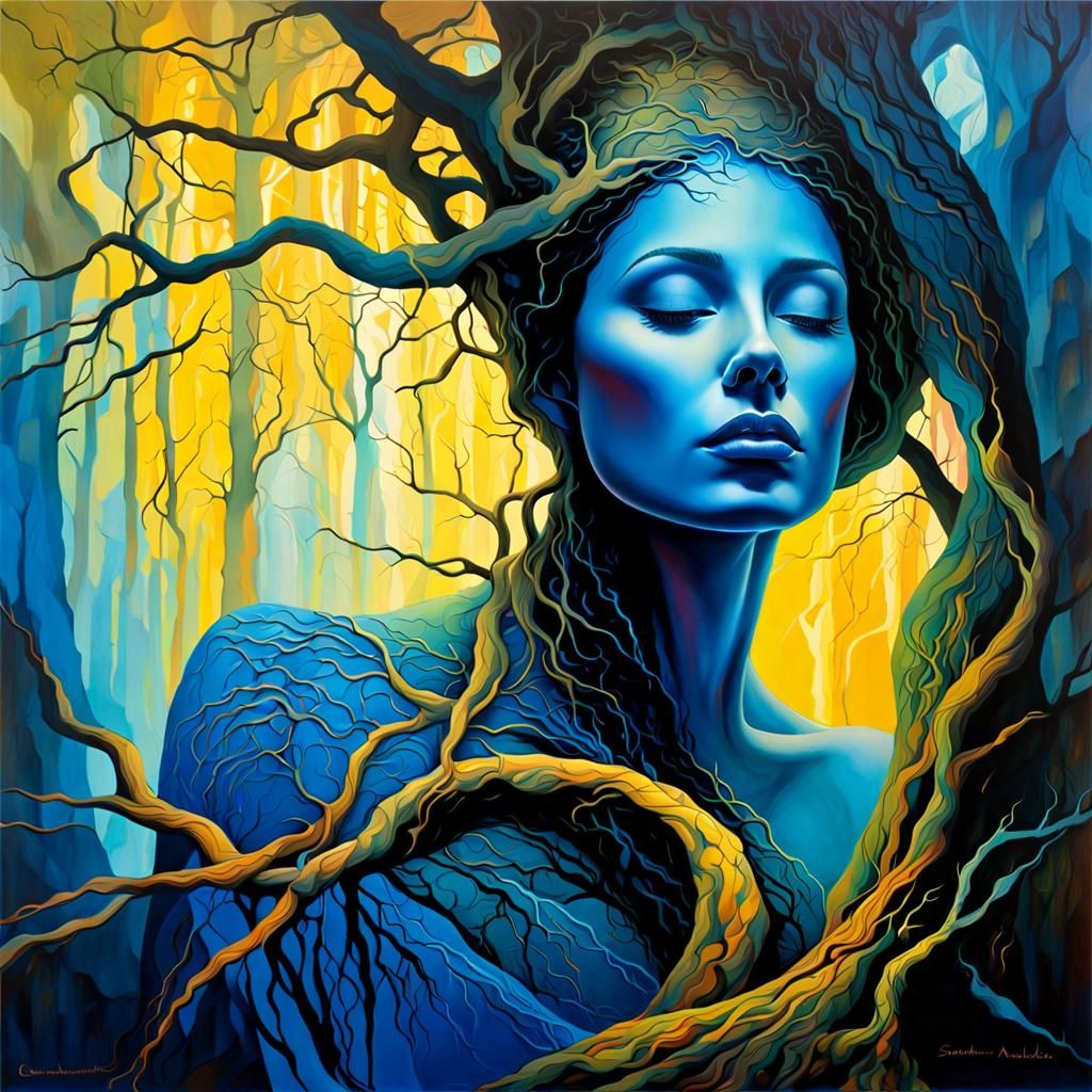 Ethereal Woman in Dreamlike Aurora Landscape