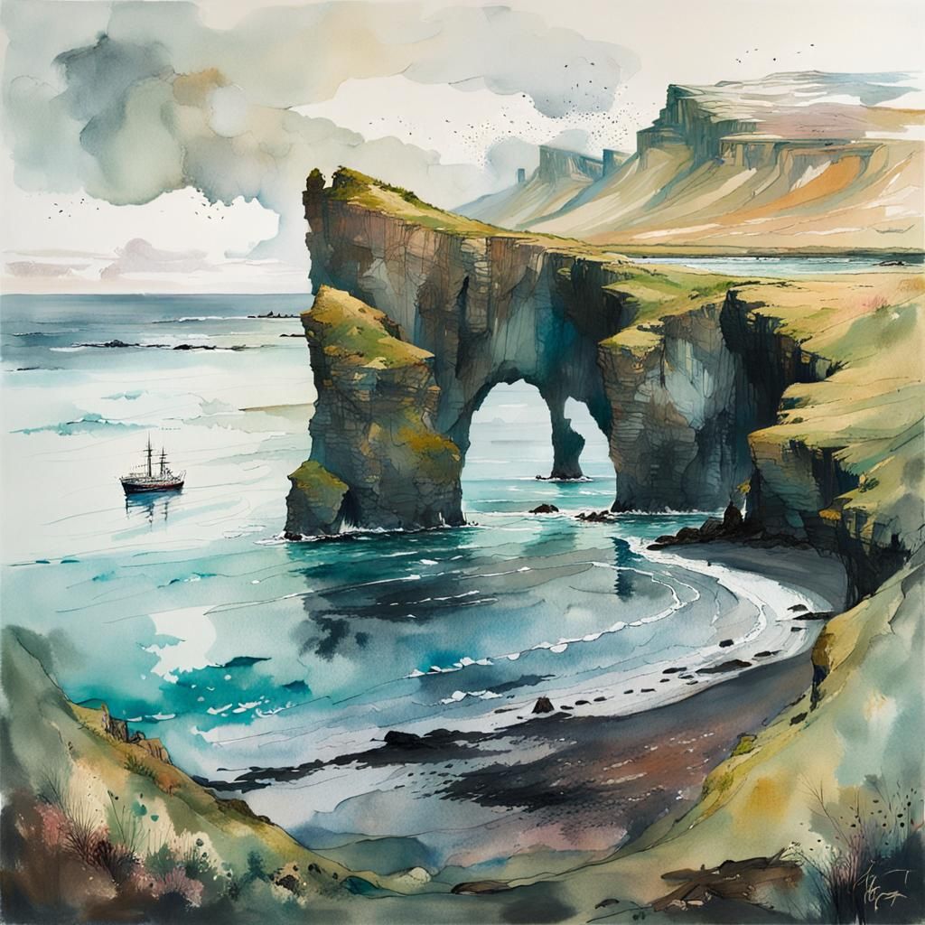 Iceland Wild Coast in Morning Light with Ship