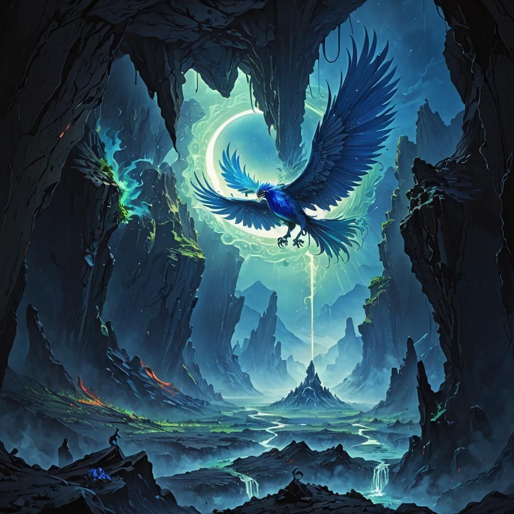 Blue Phoenix Over Volcanic Landscape
