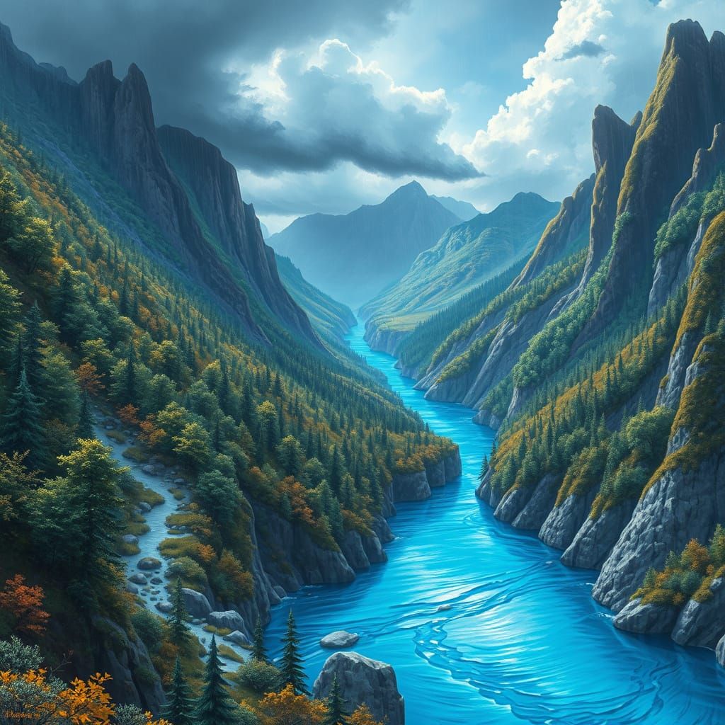Surreal, Dreamlike Landscape with Glowing Blue River and Twi...