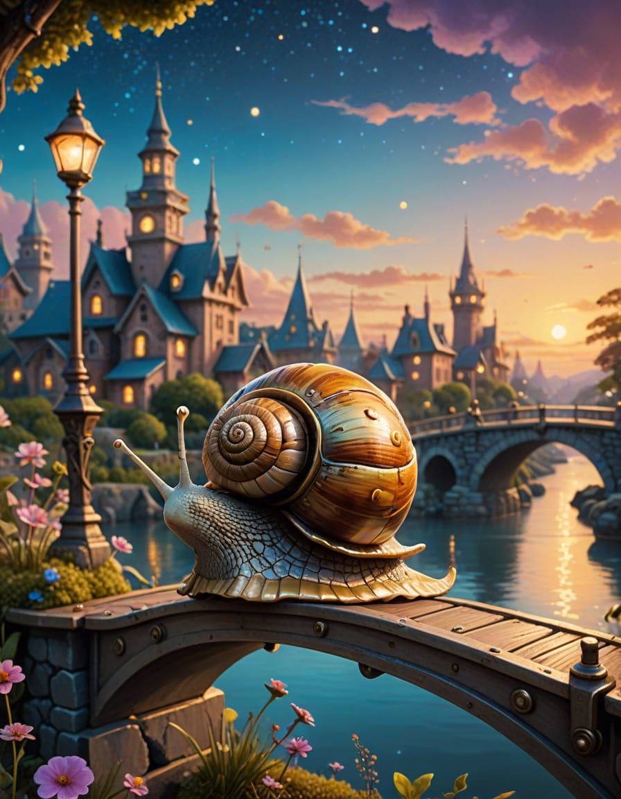 Cheerful Snail on Whimsical Bridge in Steampunk Style
