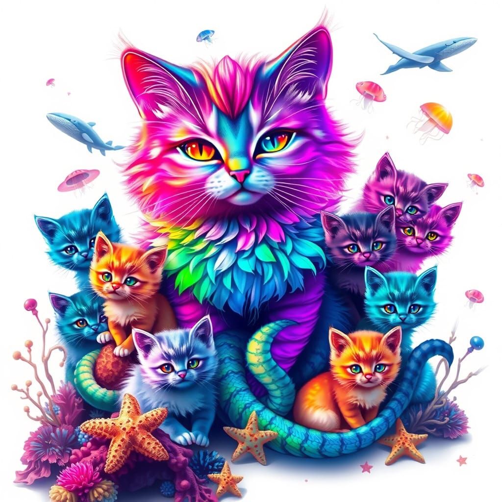 Hyper-Realistic Fantasy Mer-Cat Family in Vibrant Undersea R...