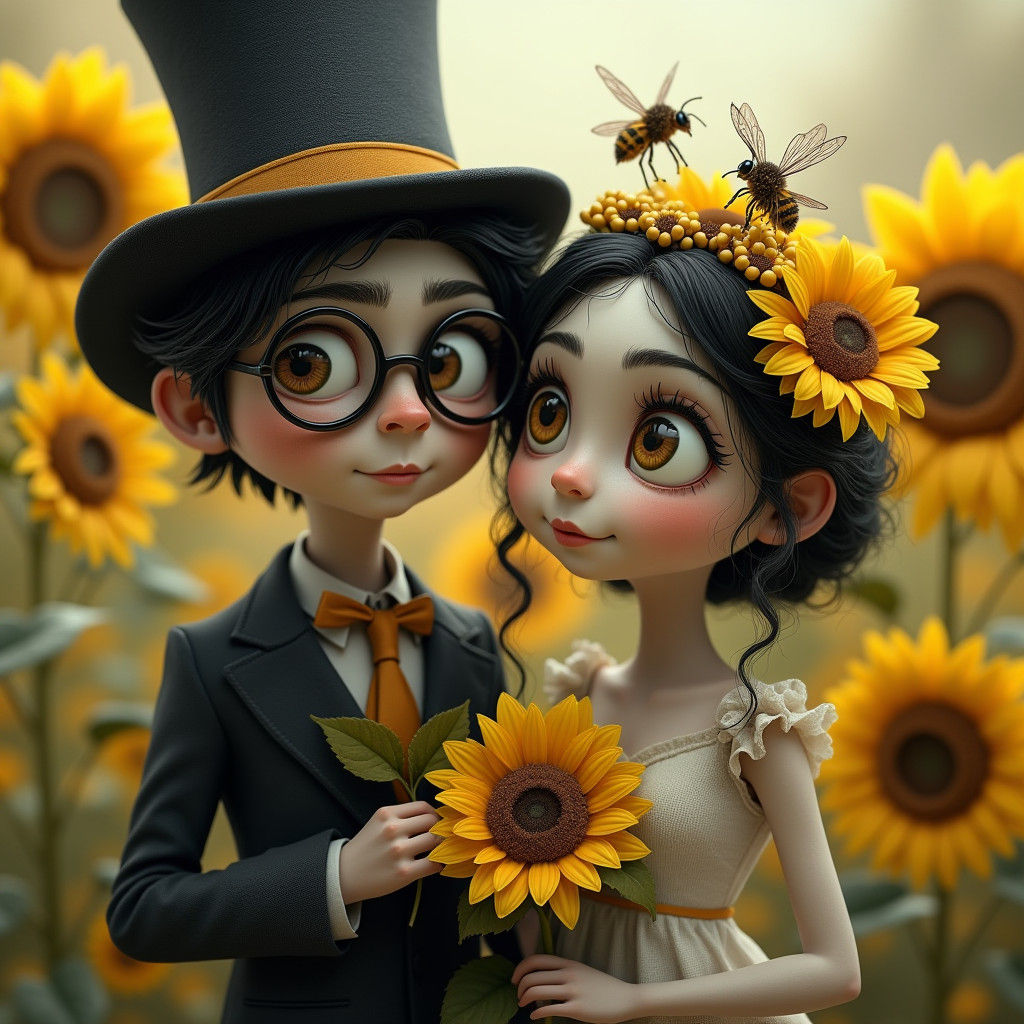 Whimsical Couple in Sunflower Field, Tim Burton Style