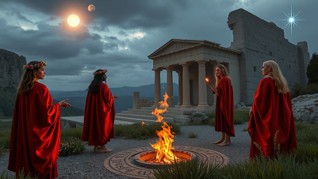 Ancient Priestesses at Delphi Temple with Oracle Pythia