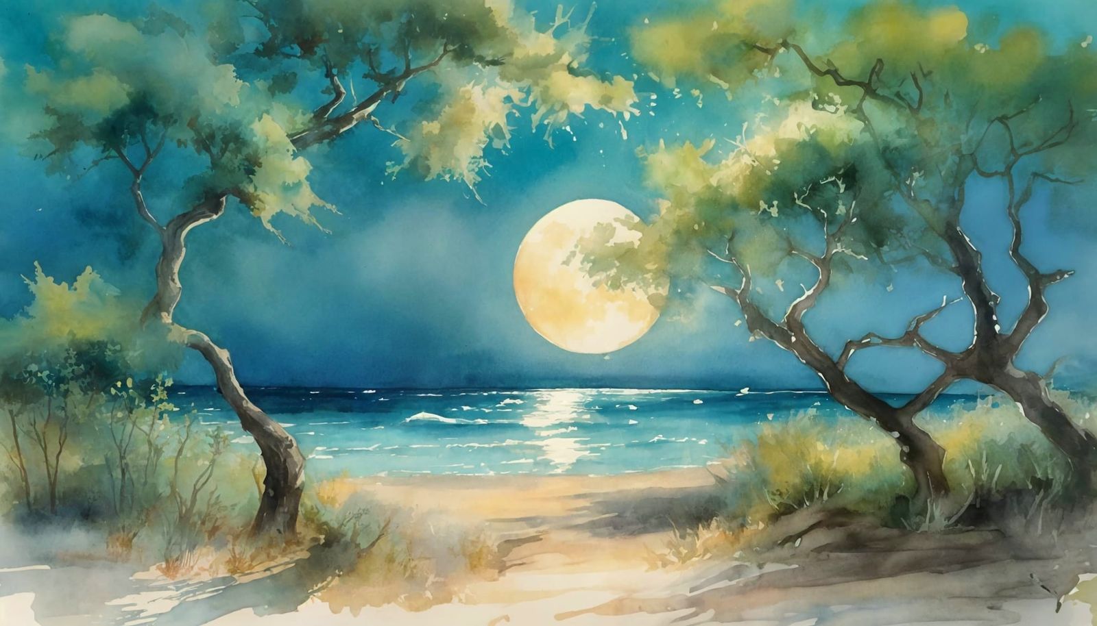 Turquoise Sea Under Moon: Gouache and Watercolor Painting