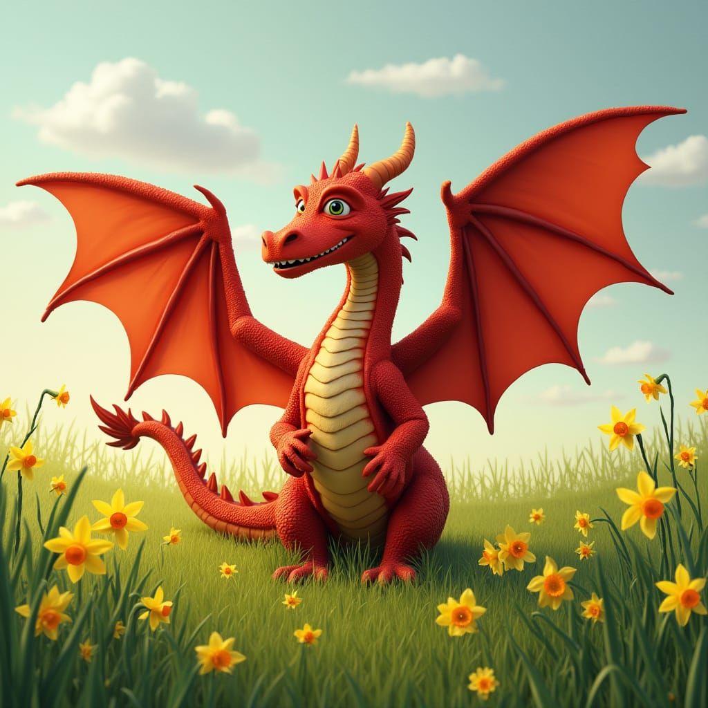 Vibrant Red Dragon in Serene Welsh Countryside