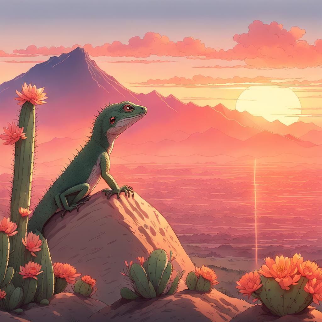 Lizard and Desert Sunset in Anime Style