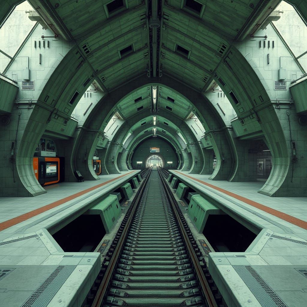 Futuristic Sage Green Train Station in a Timeless Loop