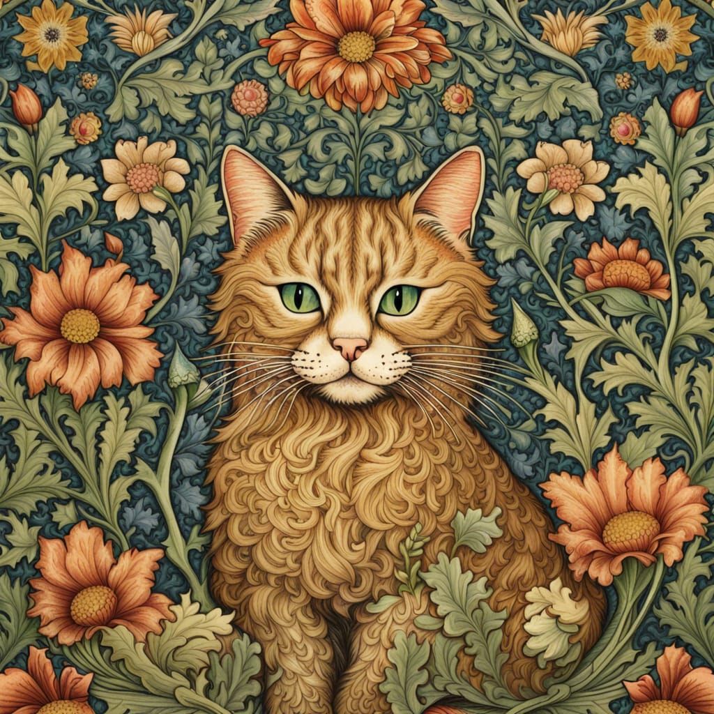 William Morris Style Cat Wallpaper with Floral Design