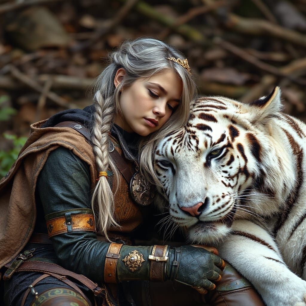 Ranger and White Tiger Portrait in Fantasy Style