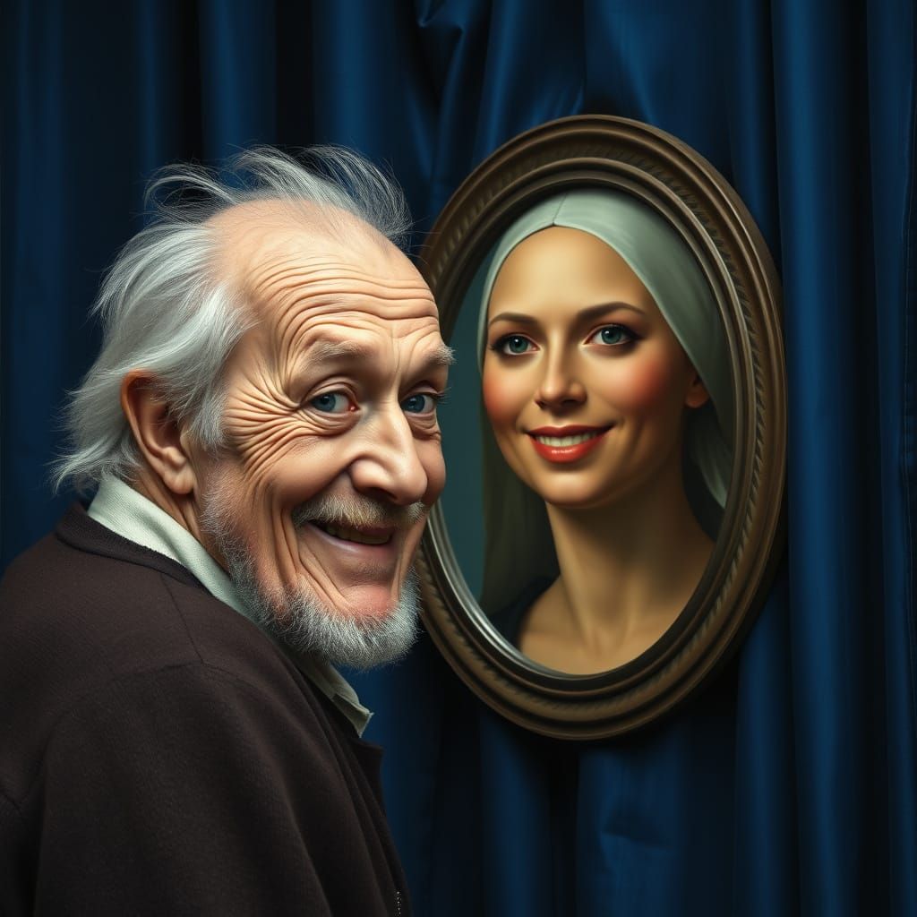 An Old Man Confronts His Double in a Royal Blue Haze