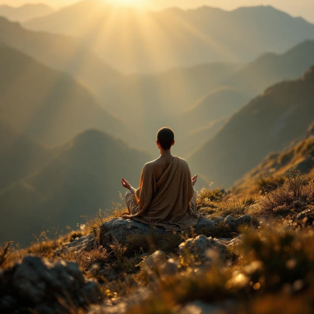 Meditating Figure at Sunrise in Hyperrealistic Style