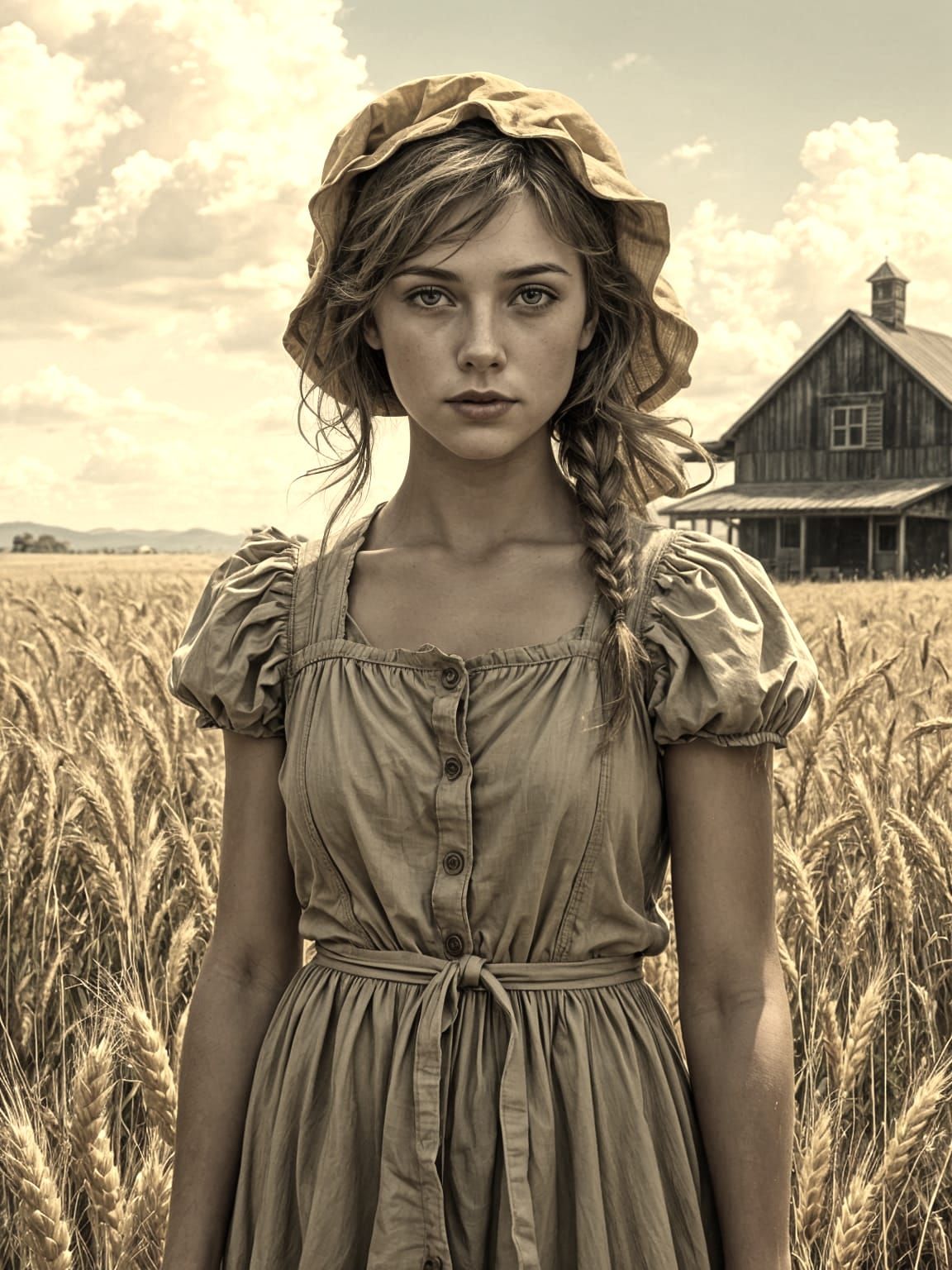 Resilient Woman in Wheat Field: Vintage Americana Illustrati...