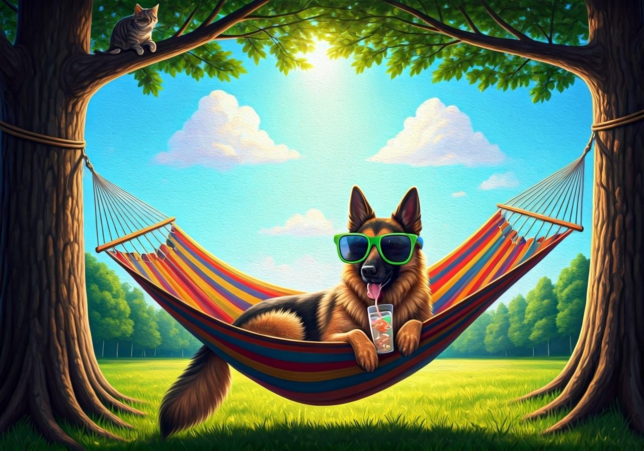 Dog Days: Shepherd in Hammock, Oil Painting Style