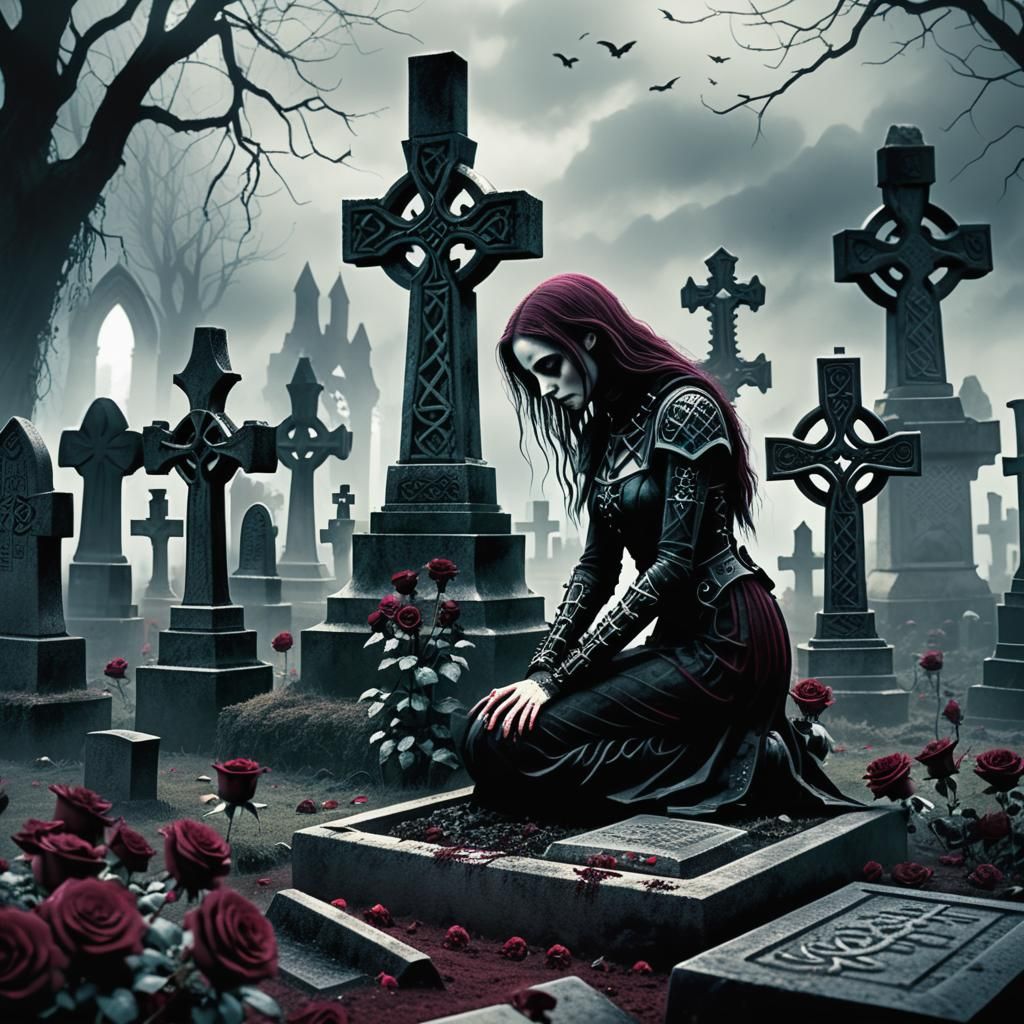 Mystical Gothic Cemetery with Woman and Celtic Crosses