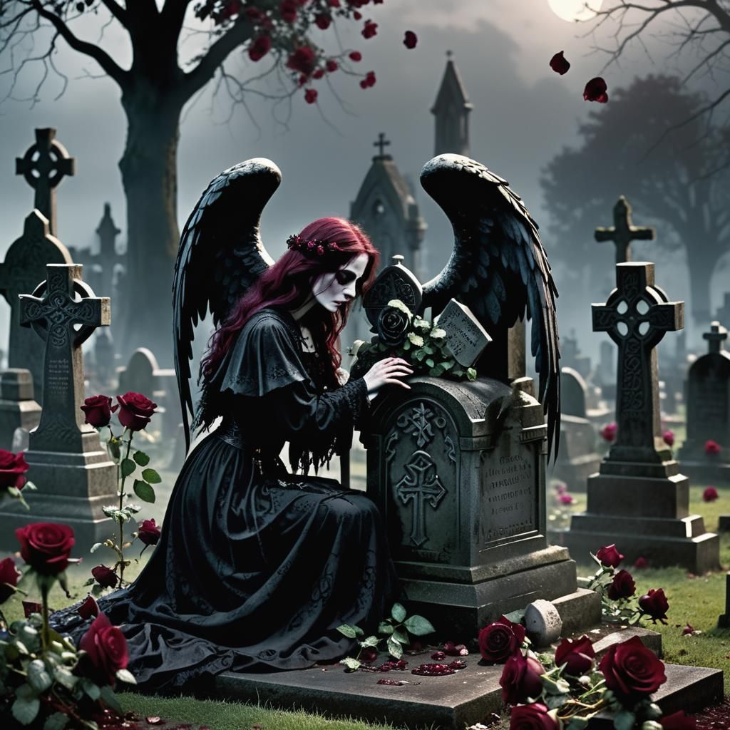 Gothic Woman Mourning in Cemetery with Angel