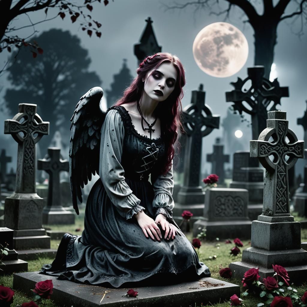 Gothic Woman in Cemetery with Celtic Crosses