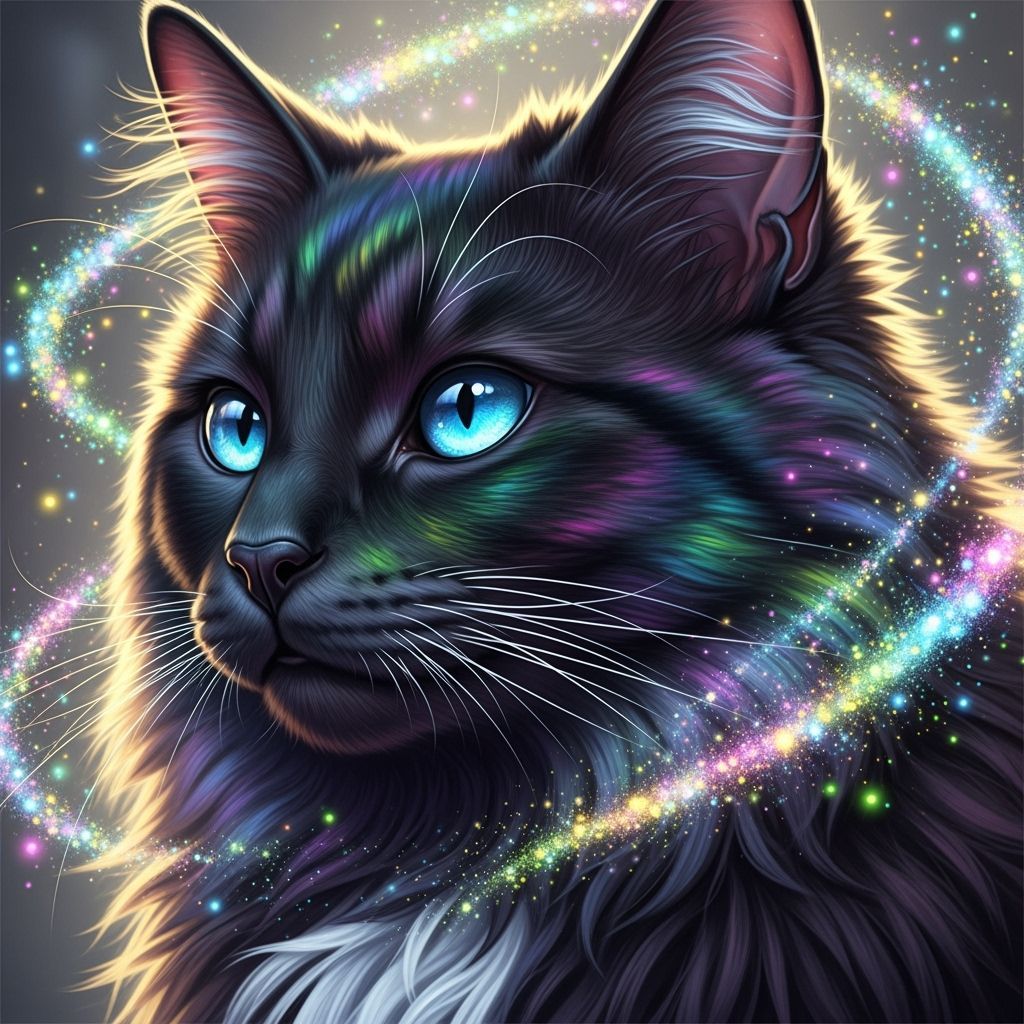 Iridescent Black Cat Portrait with Fairy Dust