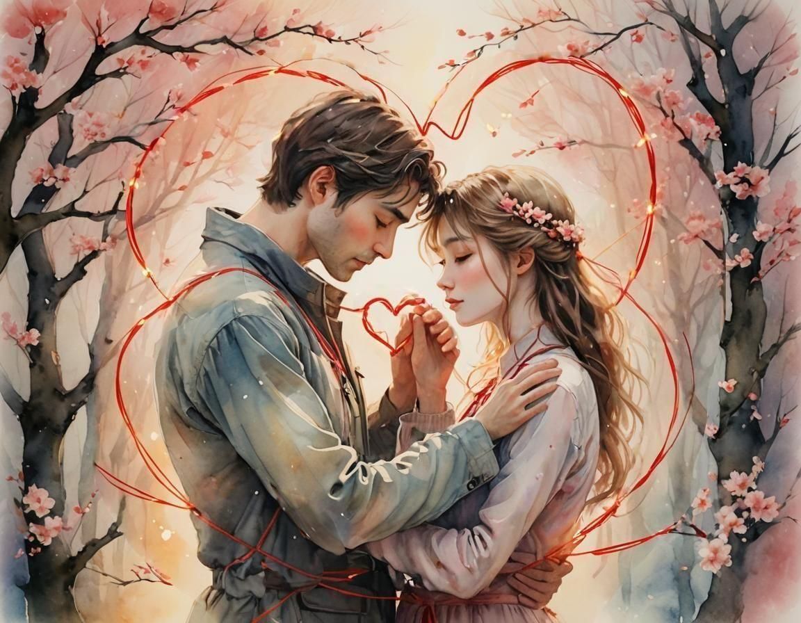 Red String of Fate Creates Heart Between Couple