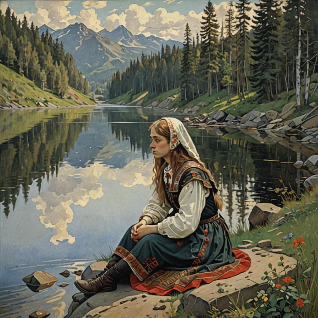 Alyonushka by Lake, in Russian Folklore Style