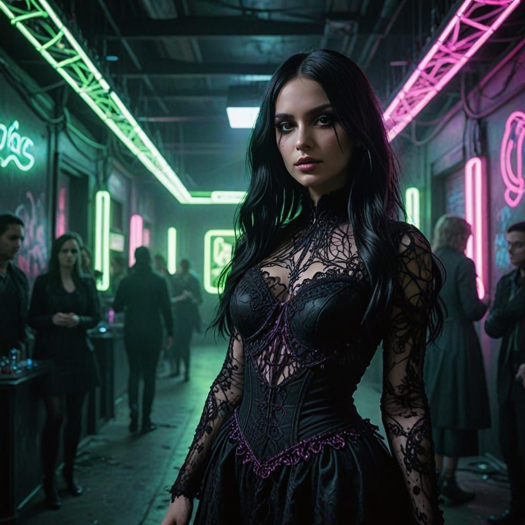 Gothic Surrealist Woman in a Neon-Drenched Nightclub
