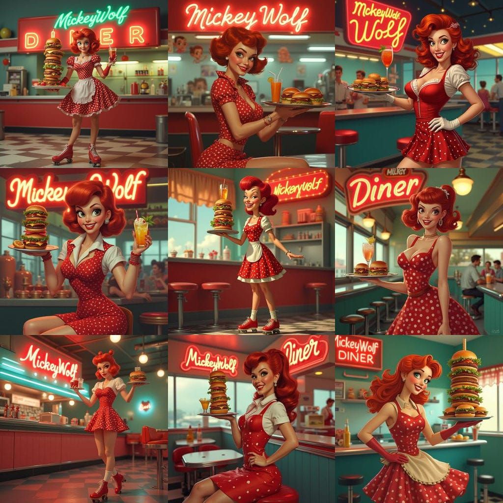 Retro Diner Waitress with Burgers in Pin-Up Style