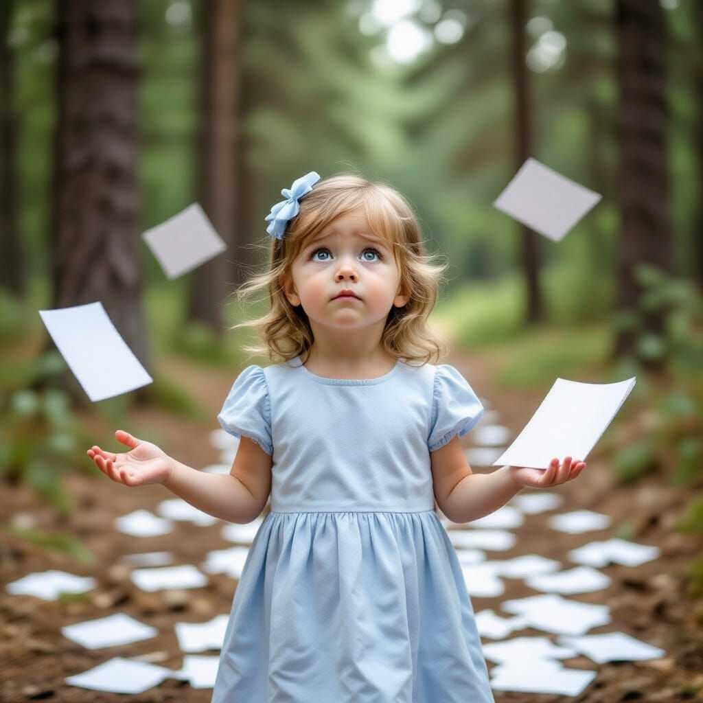 Frustrated Girl Surrounded by Pages in Forest