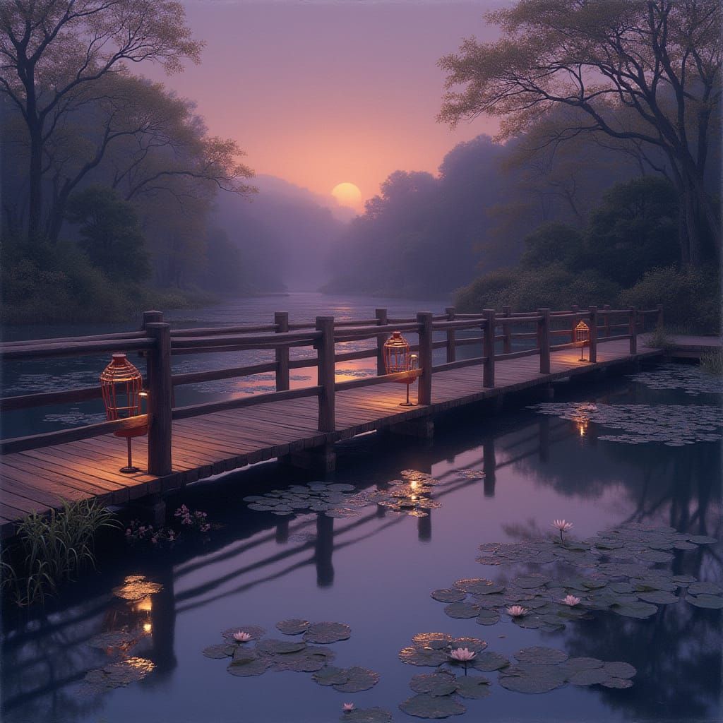 Japanese Footbridge at Twilight in Scenic Style