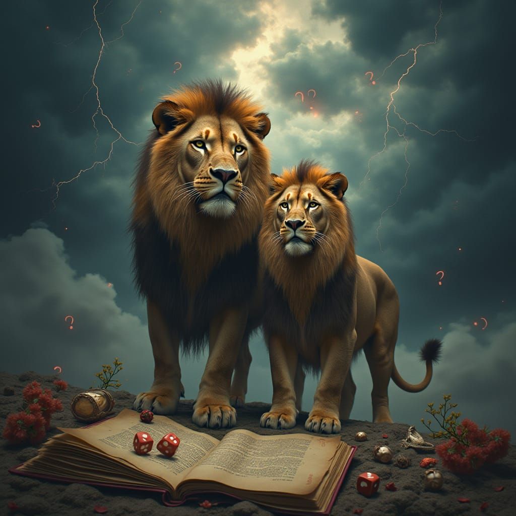 Regal Lions Amidst Turbulent Stormy Skies with Ancient Histo...