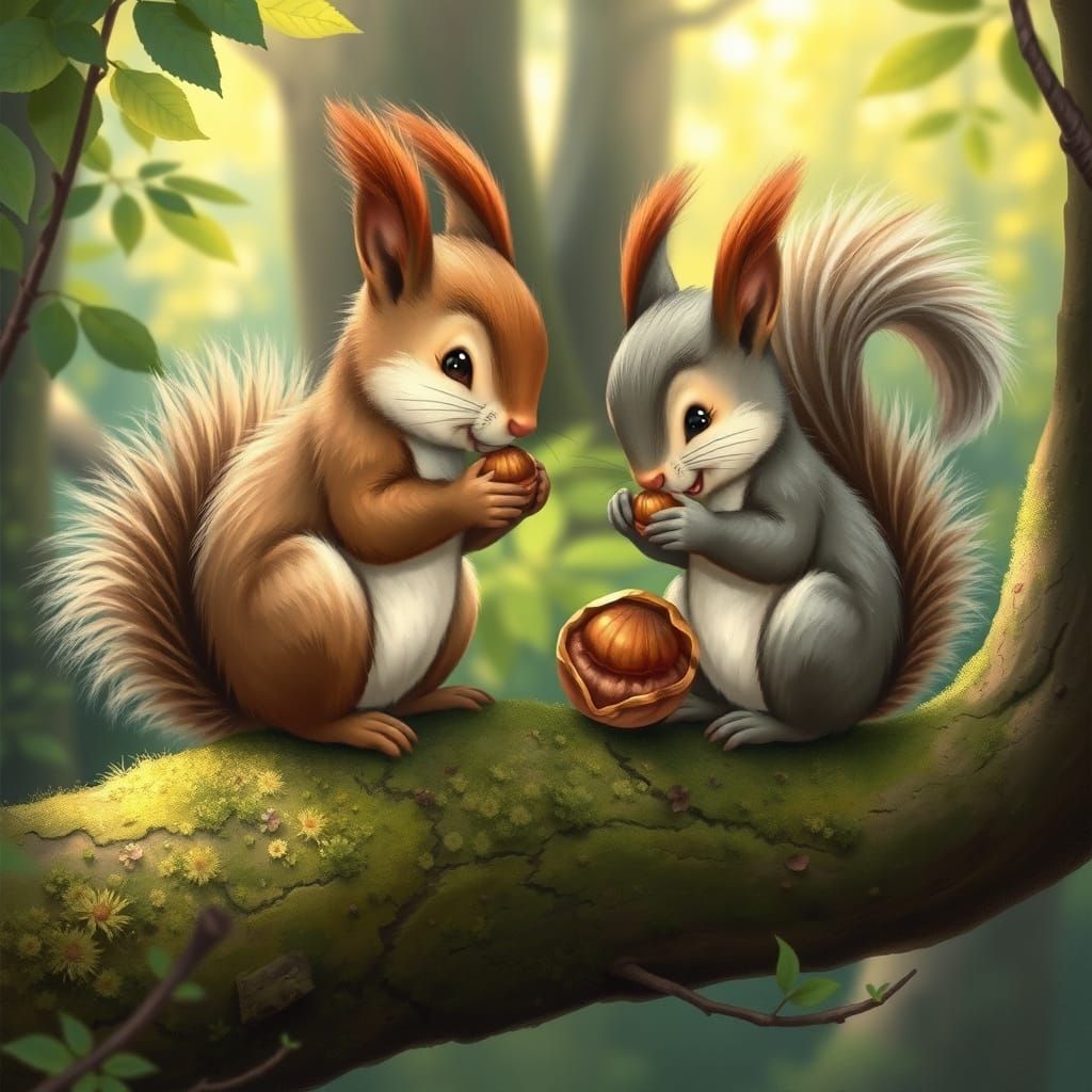Whimsical Squirrels Delight in Lush Forest Snack