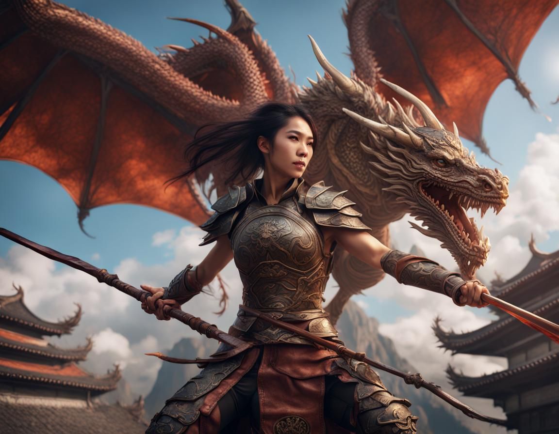 Warrior Woman Dragon Fight: Detailed Matte Painting