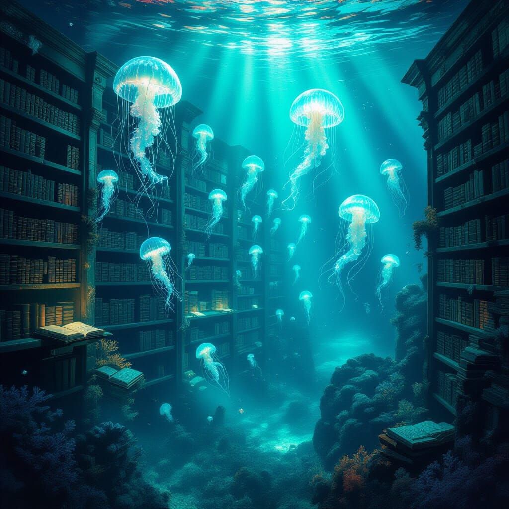 Submerged Library of Glowing Books