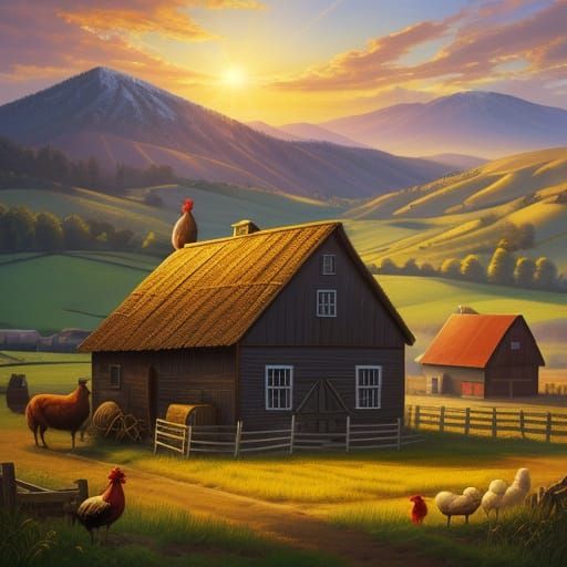 Rooster in Farmyard, Vibrant Oil Painting Style