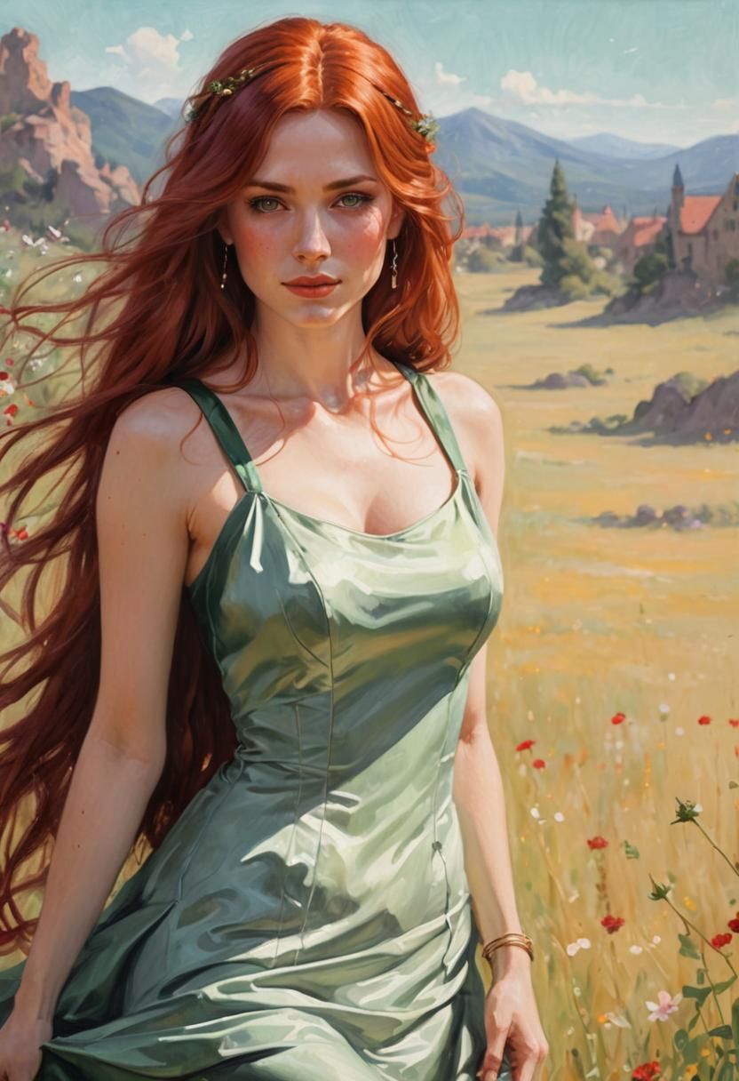 Enchanting Sorceress in Emerald Green, Oil Painting Style