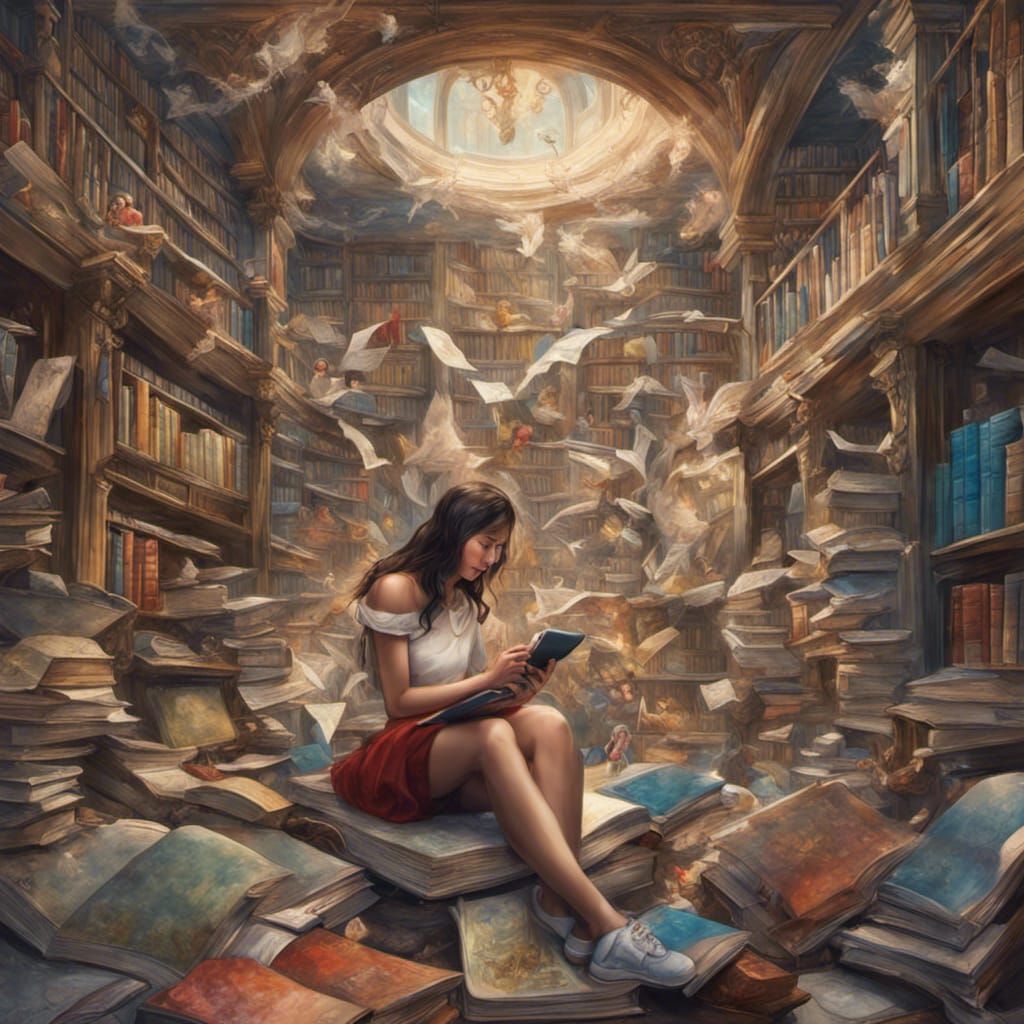 Hyperrealistic Library Scene with Woman Reading