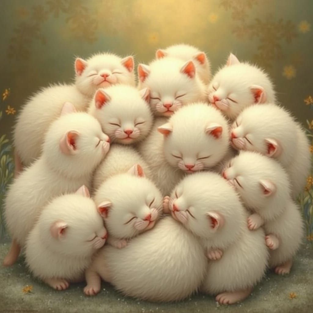 Whimsical Gathering of Slumbering Kittens in Golden Light