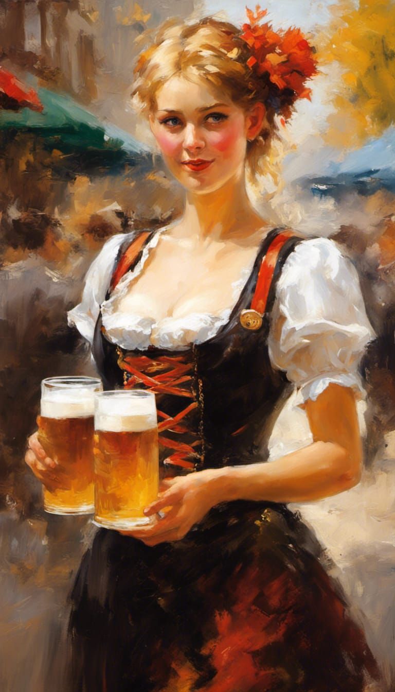 Oktoberfest Beer Maid in Impressionistic Oil Painting