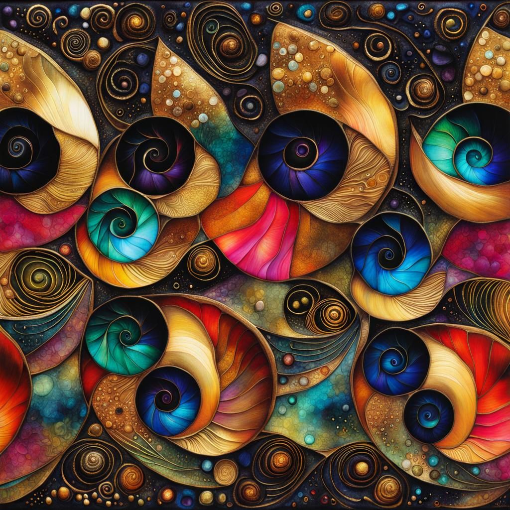 Mystical Snail Shells in Cubist Alcohol Ink Style