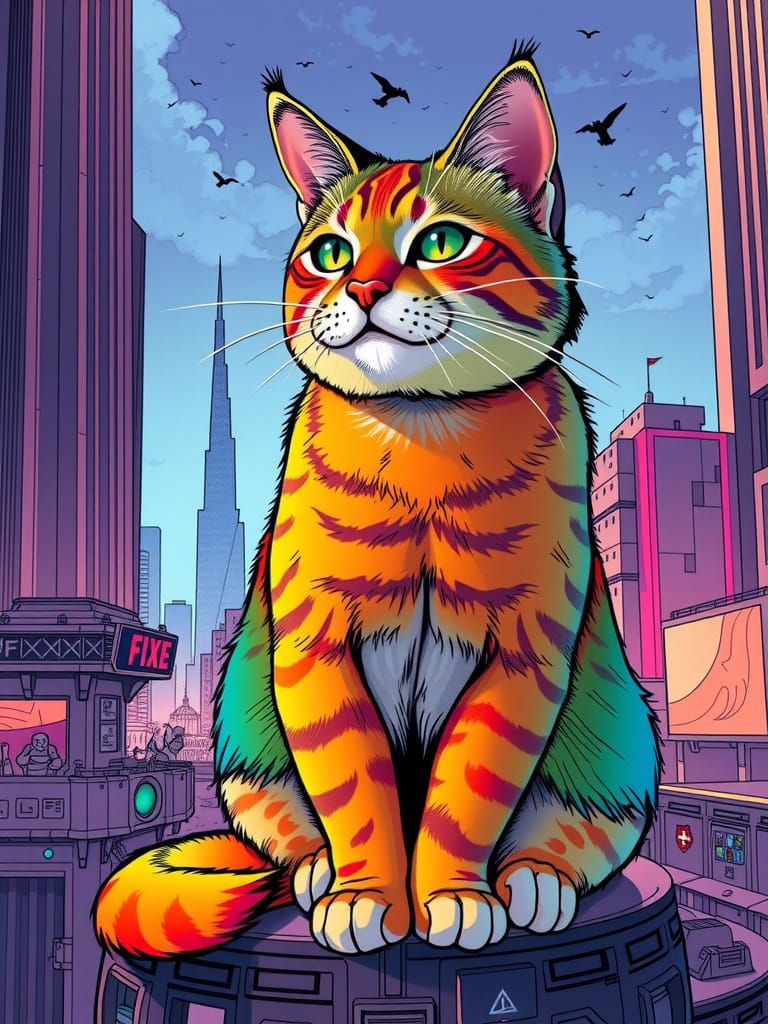 A cyberdisgn photo of a rainbow coloured cat as comic